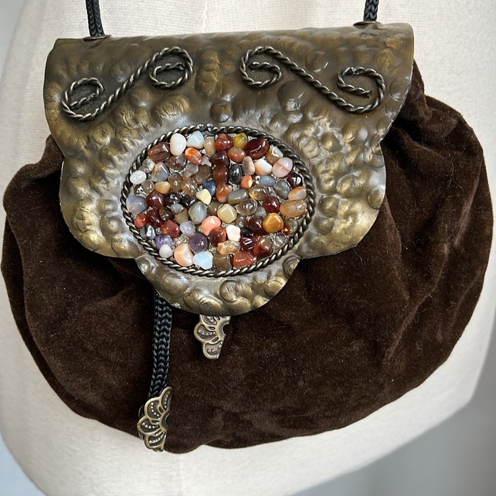 Bohemian Gothic Brown Velvet Crossbody Bag w/Metal flap embellished with stones